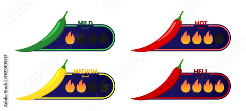 Spicy food level indicator badges with colorful chili peppers and fire flames. Vector illustration