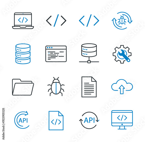 Collection of modern flat icons representing software development and IT concepts