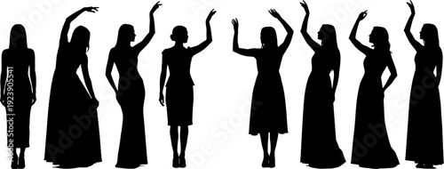 Women dancing silhouette collection, female party poses vector set, elegant dress people isolated illustration design bundle