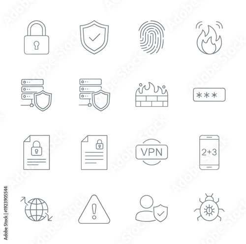 Collection of cybersecurity and data protection icons in a clean line art style