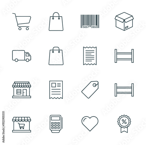 Collection of e-commerce and retail icons representing shopping, delivery, and payment processes