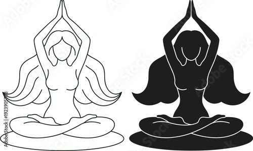 Woman yoga silhouette, meditation pose vector illustration, female lotus position, spiritual fitness isolated wellness design collection set