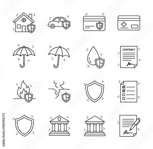 Collection of insurance icons representing various types of protection and security services