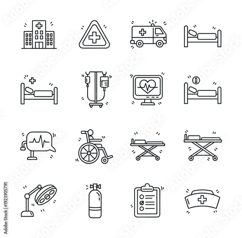 Collection of medical and healthcare icons representing hospital services and equipment