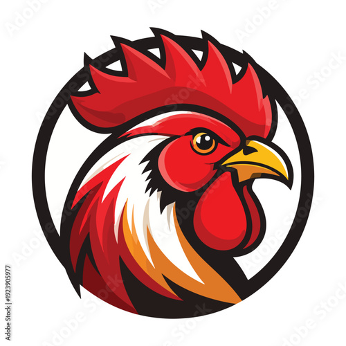 Vibrant red rooster head logo, a powerful and dynamic graphic symbol in a circular emblem, with sharp angles and bold lines, conveying energy and dominance.