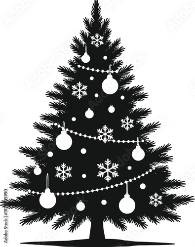 Black vector silhouette of a decorated Christmas tree with snowflakes ball ornaments and bead garlands for holiday celebration winter season and festive branding design