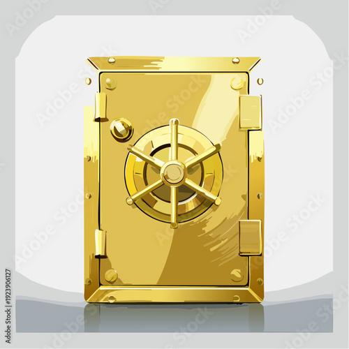 Golden safe with combination lock and shiny metal surface.