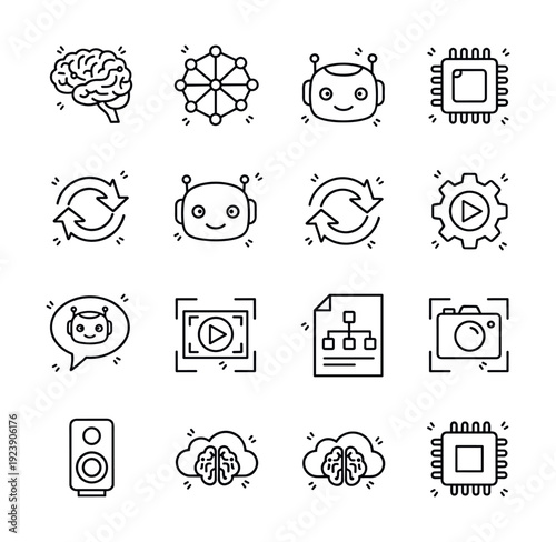 Collection of modern technology and artificial intelligence icons in a clean line art style