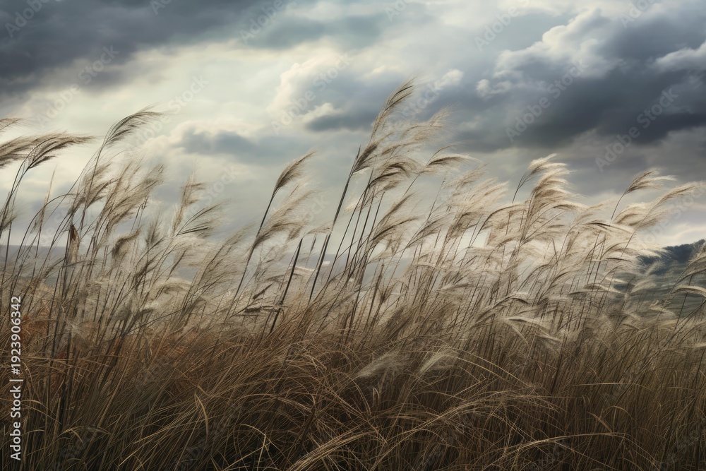 Fototapeta premium Pampas grass swaying in the wind under a dramatic, overcast sky