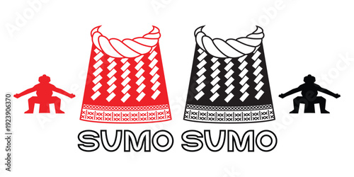 Line art illustration vector of mawashi Sumo wearing in traditional Japanese wrestling sign symbol icon drawing in red and black