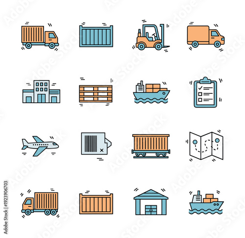 Collection of logistics and shipping icons representing various transport and delivery methods
