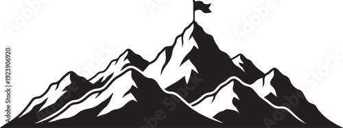 Mountain Peak with Flag on Top Black and White