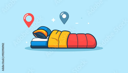 A set of colorful sleeping bags in flat design, ready for a camping trip adventure, viewed from above outdoors.