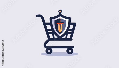 Secure online shopping cart flat design illustration with shield protection