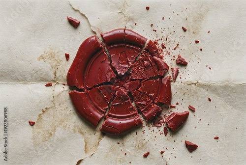 Macro photography of violently smashed red wax seal on blank parchment showing broken contract and security breach