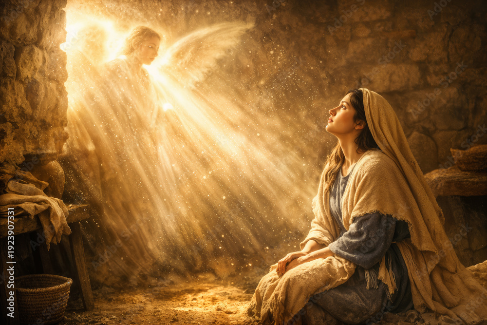 Fototapeta premium Feast of the Annunciation Mary of Nazareth kneeling before Archangel Gabriel divine light incarnation March 25 Luke 1:26-38 Virgin Mary Catholic Christian holiday sacred moment