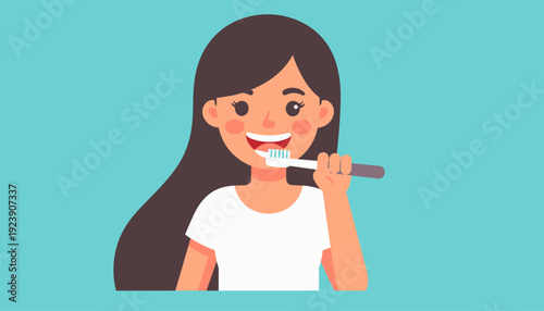 Smiling young woman with microphone in a flat design style, upper body view