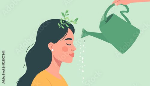 Serene woman with closed eyes receiving water from a watering can in a flat design illustration