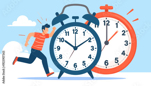 Man running past large flat design alarm clocks indicating urgency and time management