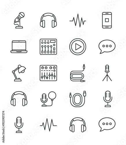 Collection of modern icons representing audio recording and podcasting equipment