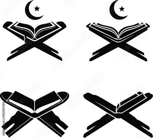 Black silhouette vector icon set of open holy quran on rehal for islamic branding