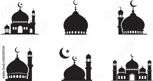 Islamic mosque silhouettes vector collection with crescent moons for ramadan and eid