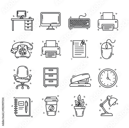 Collection of hand-drawn office supplies and equipment icons on a white background