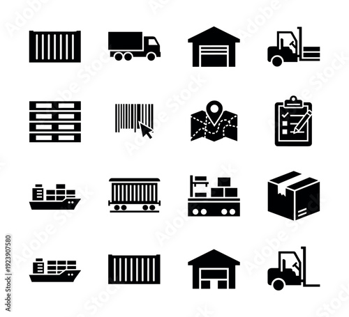 Logistics and delivery icons including truck, ship, cargo, warehouse, and forklift