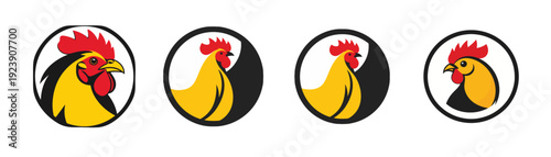 Vibrant red rooster head logo, a powerful and dynamic graphic symbol in a circular emblem, with sharp angles and bold lines, conveying energy and dominance.