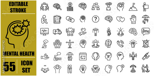 Collection of fifty five black line icons related to mental health and wellbeing