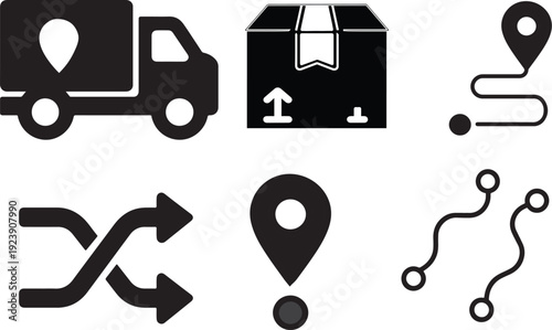 Delivery and logistics icons: truck, package, map pin, route