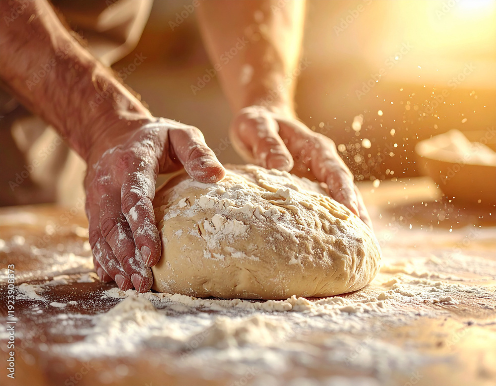 Obraz premium Man hands kneading dough on floured surface.