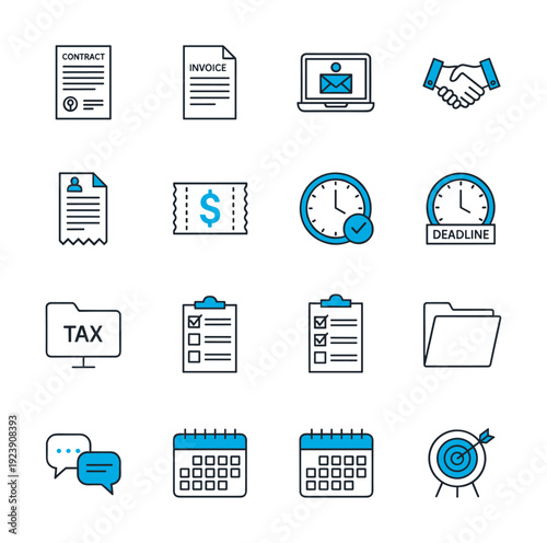 Collection of business and finance icons representing contracts, invoices, and deadlines