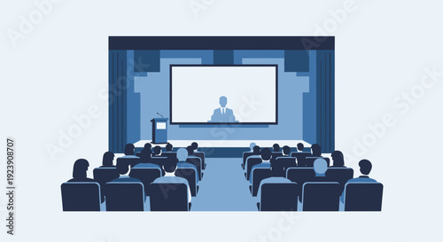 Speaker presents to audience in a modern conference hall with large screen
