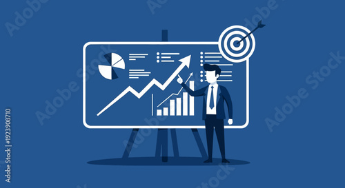 Businessman pointing at a growth chart on a presentation board with a target in the background.