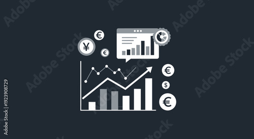 Financial growth and investment strategy visualized with charts and currency symbols.