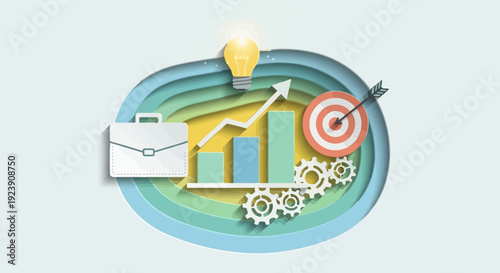 Business growth and strategy visualized with icons and charts, leading to success.