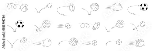 Large mixed sport balls movement line set with soccer basketball tennis volleyball rugby and bowling. Hand drawn curved trajectories and rebound effects. Doodle vector illustration for sport design.
