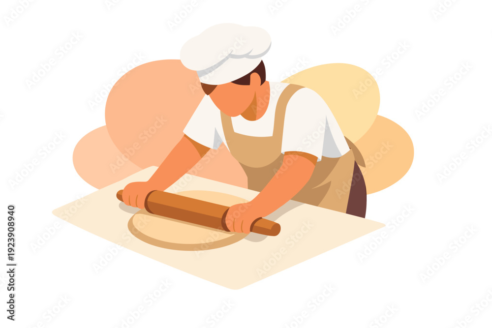 Fototapeta premium Baker rolling out dough with a wooden rolling pin.