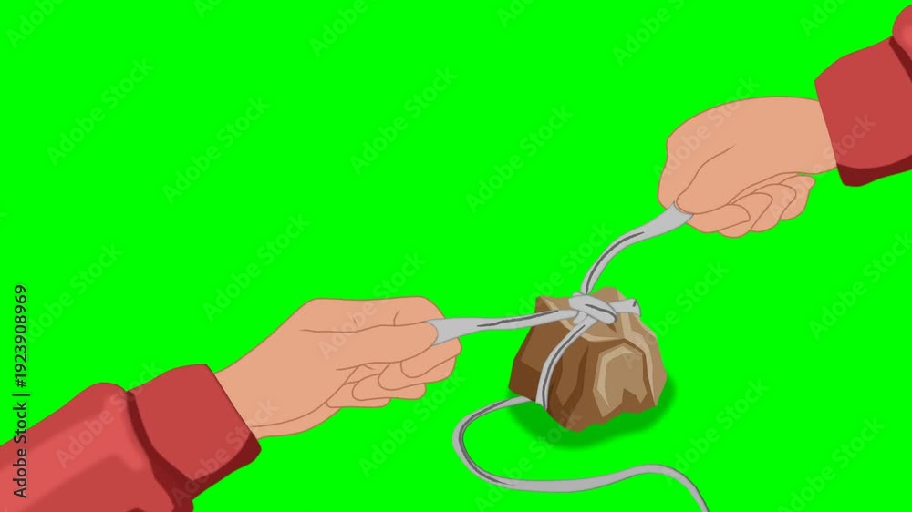 Pull String Animation Two human hands carefully tying a thick piece of white string around a ...