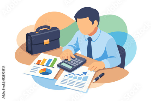 Accountant working with financial reports and calculator.