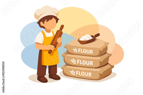 Baker holding rolling pin with flour bags and scoop.