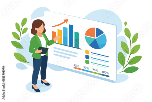 Businesswoman presenting financial growth charts and data analysis.