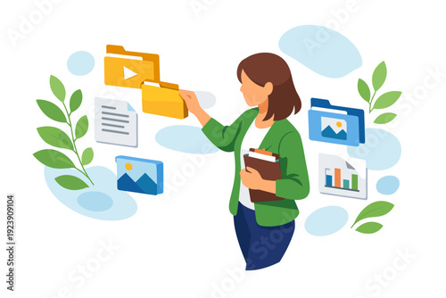 Woman organizing digital files and documents on a screen.