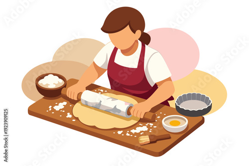 Woman rolling out dough for baking a pie.
