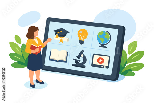 Woman teaching online with digital tablet and educational icons.
