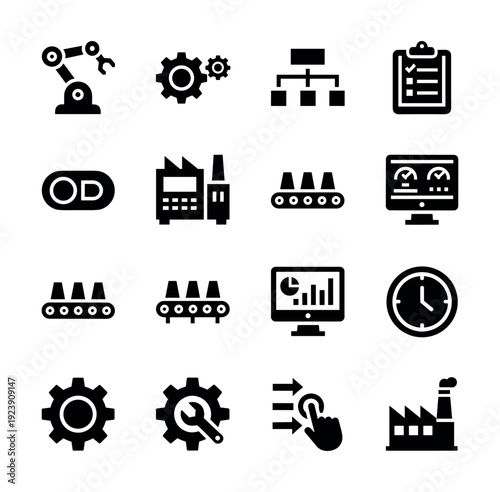 Set of industrial automation icons representing manufacturing processes and technology
