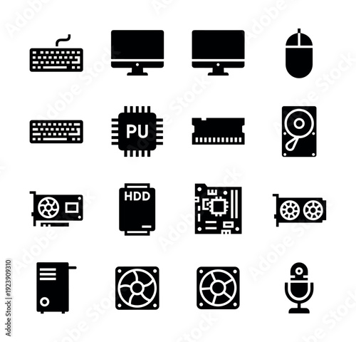 Collection of computer hardware icons including keyboard, monitor, CPU, RAM, HDD, and GPU