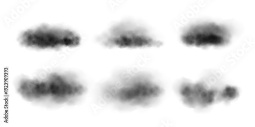 Smoke cloud set with black and gray fog shapes on white background. Realistic vapor texture with different opacity and diffusion levels. Transparent soft atmospheric vector illustration.