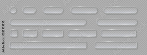 Transparent glass buttons. Liquid glass design elements with morphism effect. Modern digital interface icons for web and app design with rounded frame and subtle shadow. Vector illustration.